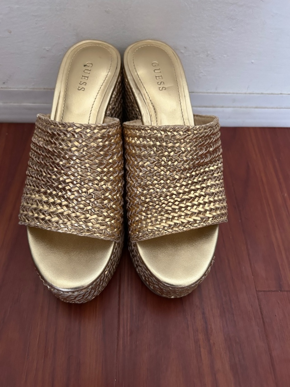 GUESS Metallic Gold Woven Platform Wedges